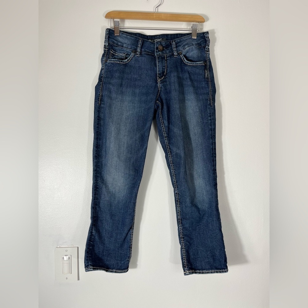 SILVER Jeans Suki Capri Waist Size 26 Dark Wash Denim Thick Stitch